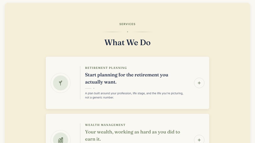 Services section listing retirement planning and wealth management