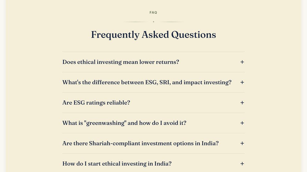 FAQ accordion answering real investor questions about ethical and ESG investing