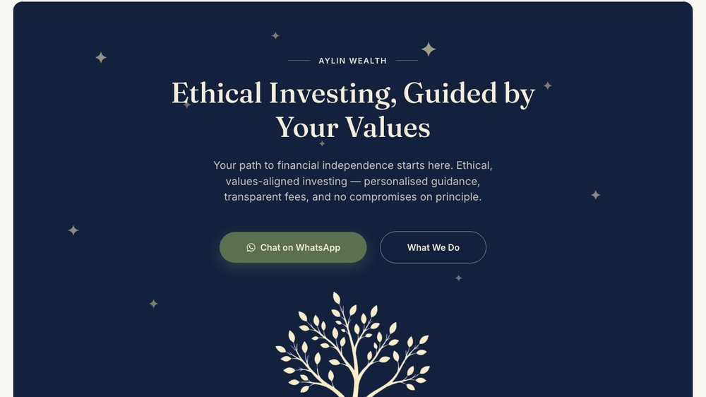 Homepage hero reading 'Ethical Investing, Guided by Your Values' with WhatsApp and services CTAs