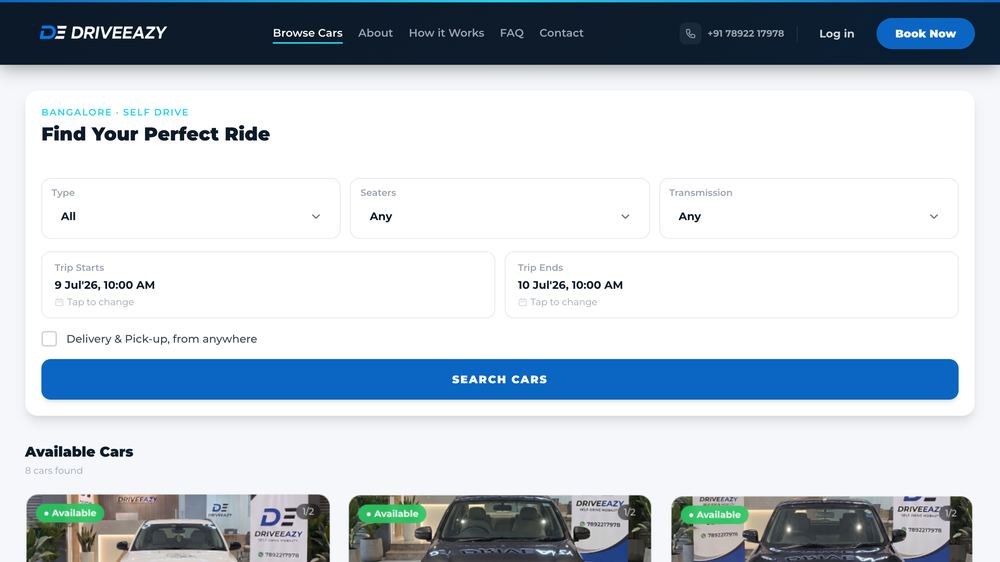 Car search and browse page with filters for type, seats, and transmission