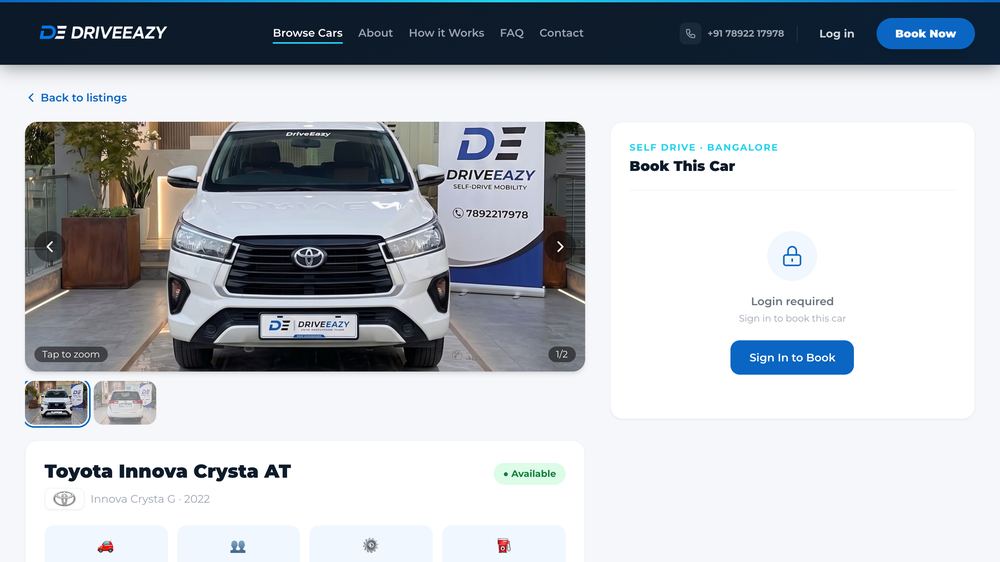 Car detail page with photo gallery, specs, and a login-gated booking panel