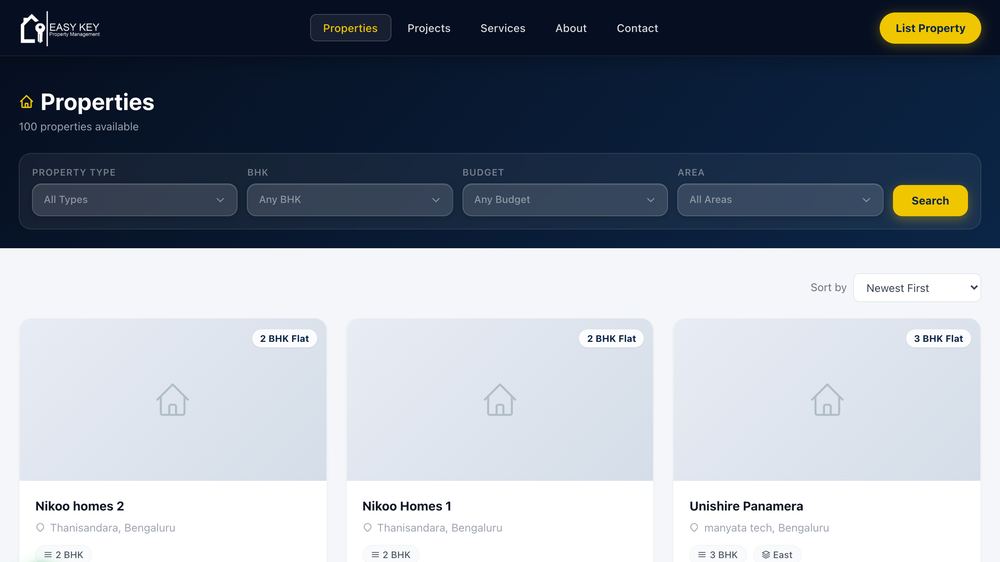 Properties listing page showing available properties with filters