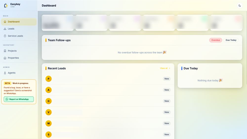 CRM dashboard with lead pipeline and recent leads list — client names and phone numbers redacted