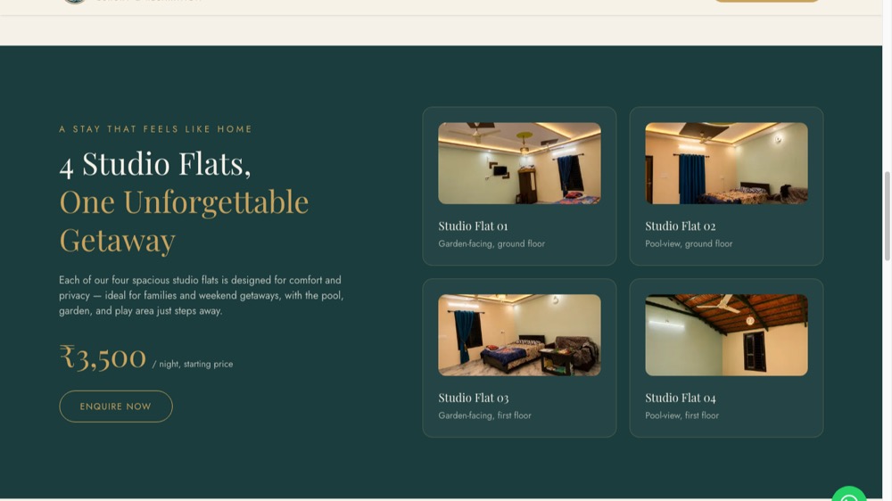 Studio flats section showing all four units with photos and pricing