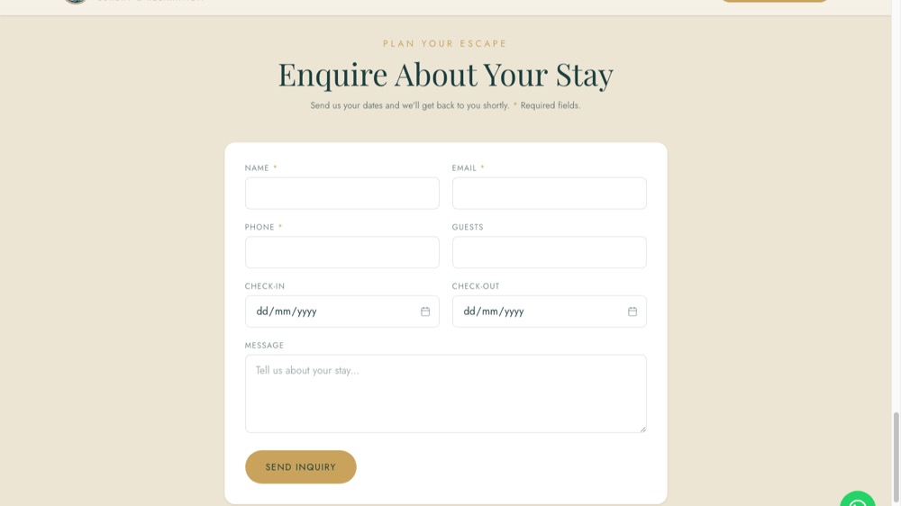 Enquiry form with name, contact, guest count, and check-in/check-out dates