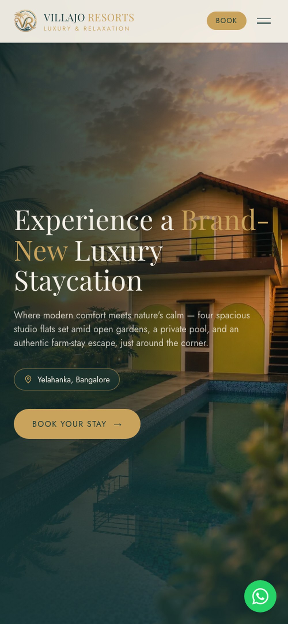 Villajo Resorts homepage on mobile