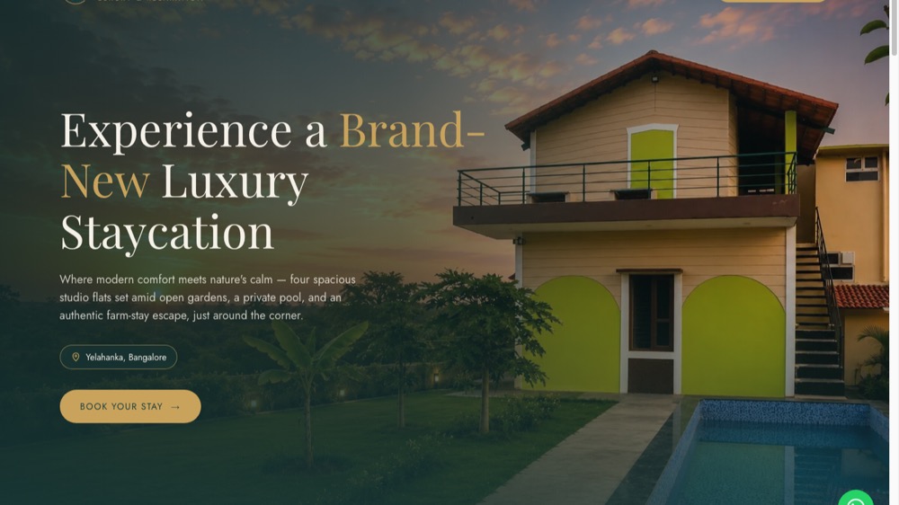 Homepage hero with property photo, headline, and booking CTA